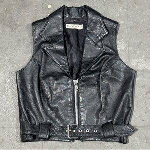Vintage 80s Bebe San Francisco Lambskin Black Leather Belted Biker Vest Size 6